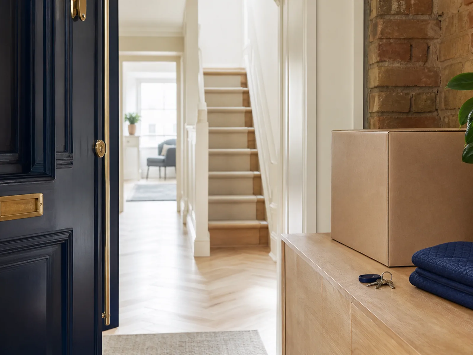 An open navy front door with a plain moving box, a folded navy blanket and keys on the hallway console, staircase beyond