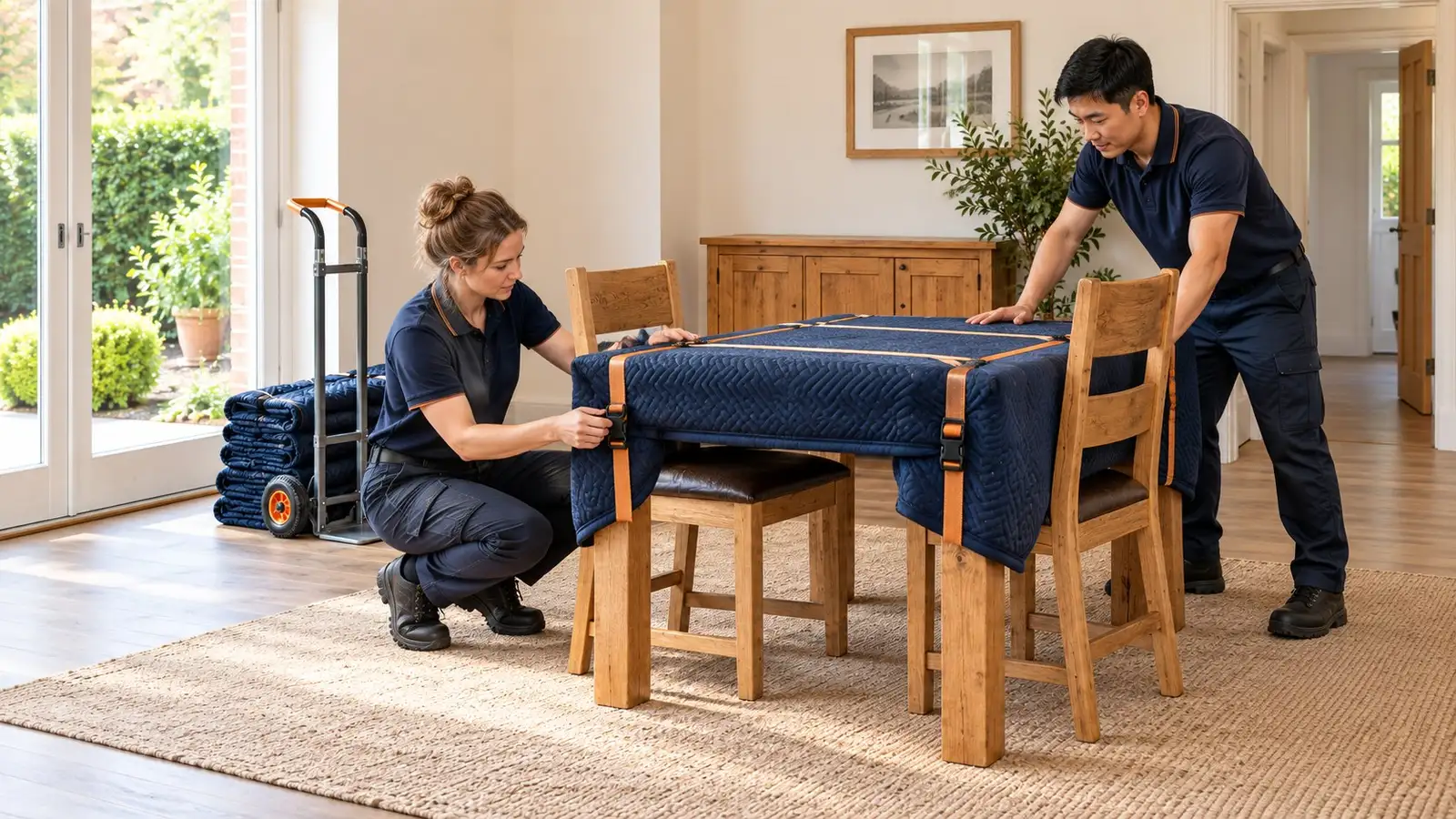 A pair of movers strap navy blankets over a wooden dining table, with two chairs beside it and a sack truck by the window