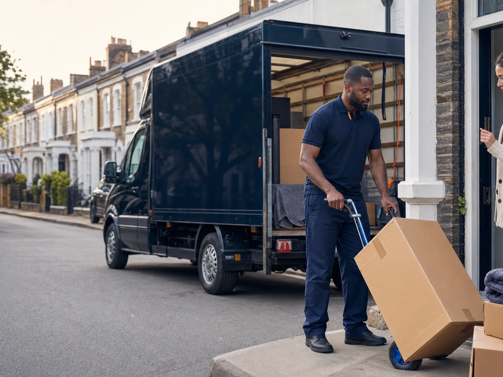 A mover in navy wheels a large box on a trolley to a customer waiting at her front door, a navy removals van and Victorian terraces behind