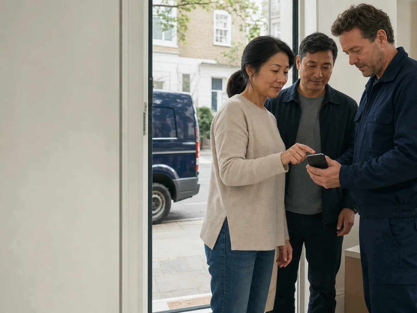 A customer confirms completion on the operator's phone at her front door, the navy moving van parked on the street outside