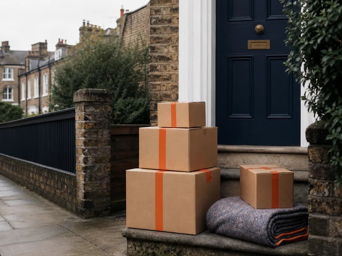 Plain cardboard boxes sealed with orange tape stacked on the front step of a brick terraced house beside a navy front door and a folded moving blanket