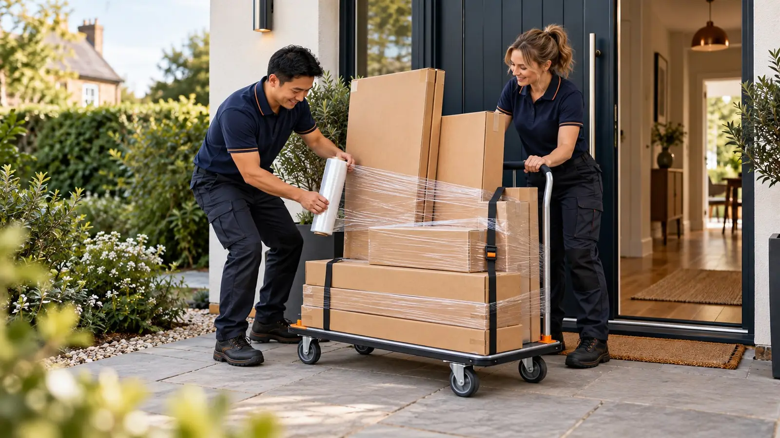 A pair of movers stretch-wrap and strap a stack of flat-pack boxes on a trolley outside an open front door