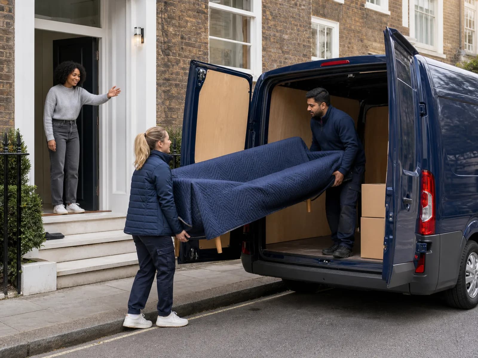 Two movers carry a blanket-wrapped sofa into a navy van outside a London townhouse while the customer sees them off