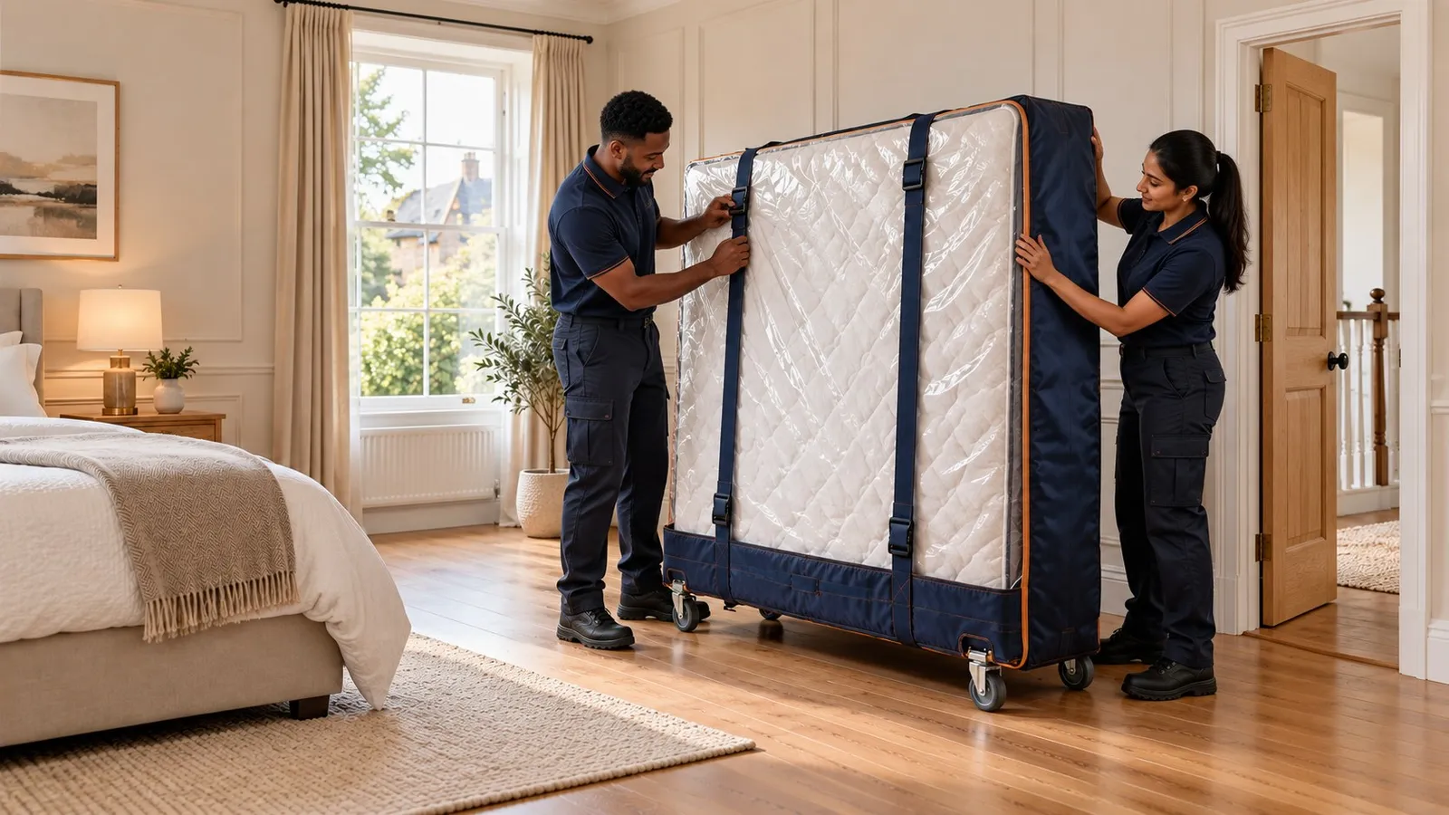A pair of movers buckle a mattress into a navy padded carry bag on a wheeled dolly in a bright bedroom