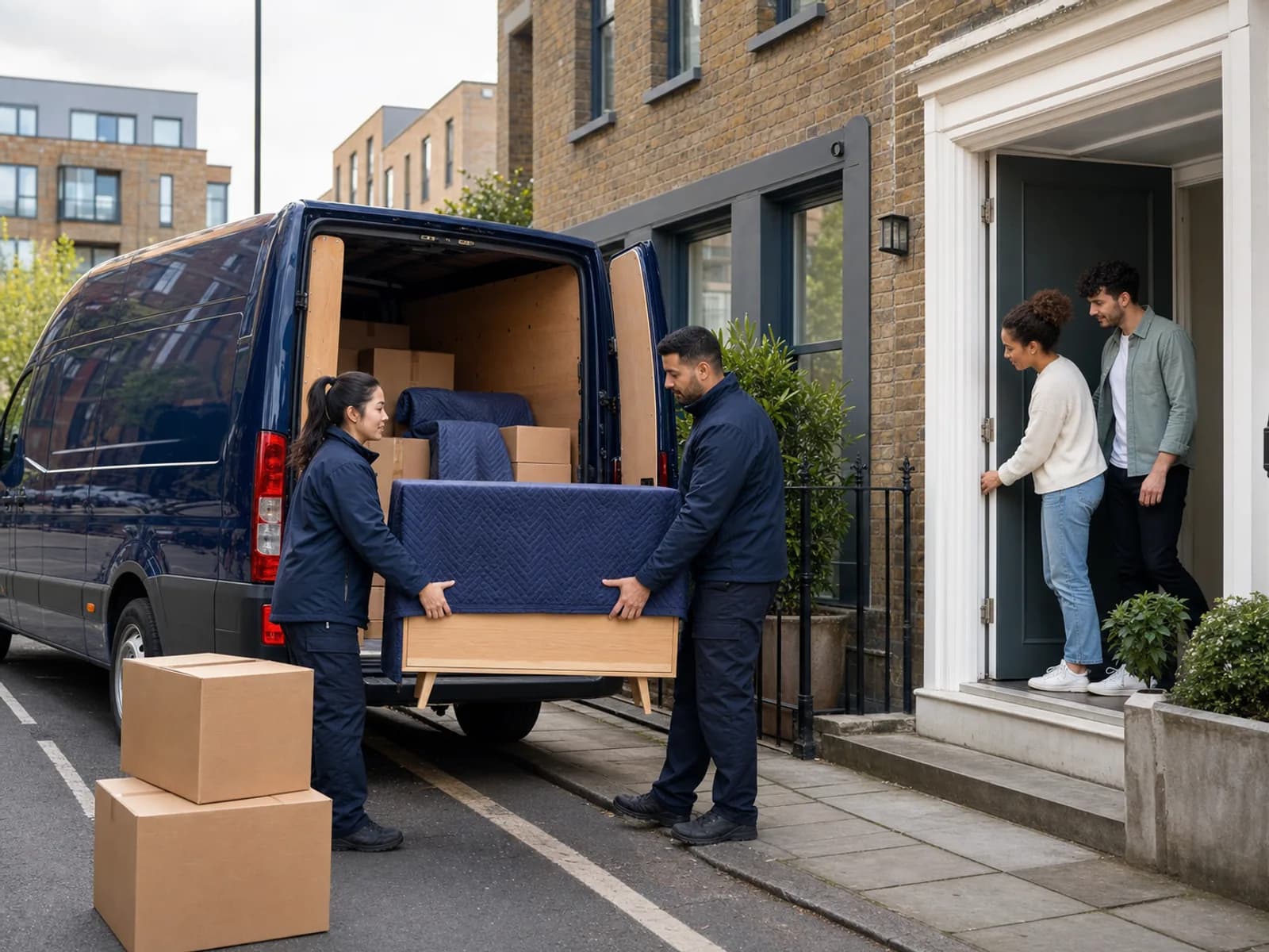 Two movers load a blanket-wrapped sofa and boxes into a navy van while a couple watch from their doorway on a South London street