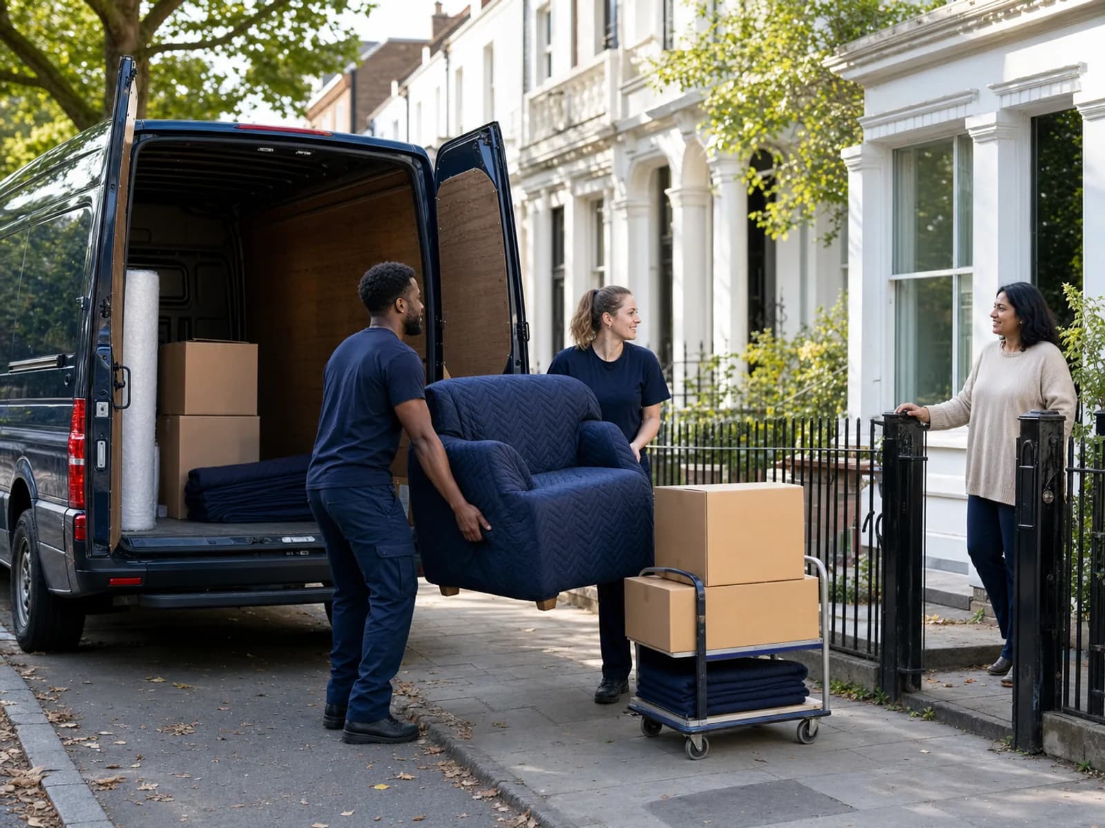 Two movers carry a blanket-wrapped armchair and wheel boxes into a navy van as a customer opens the gate on a leafy South East London street
