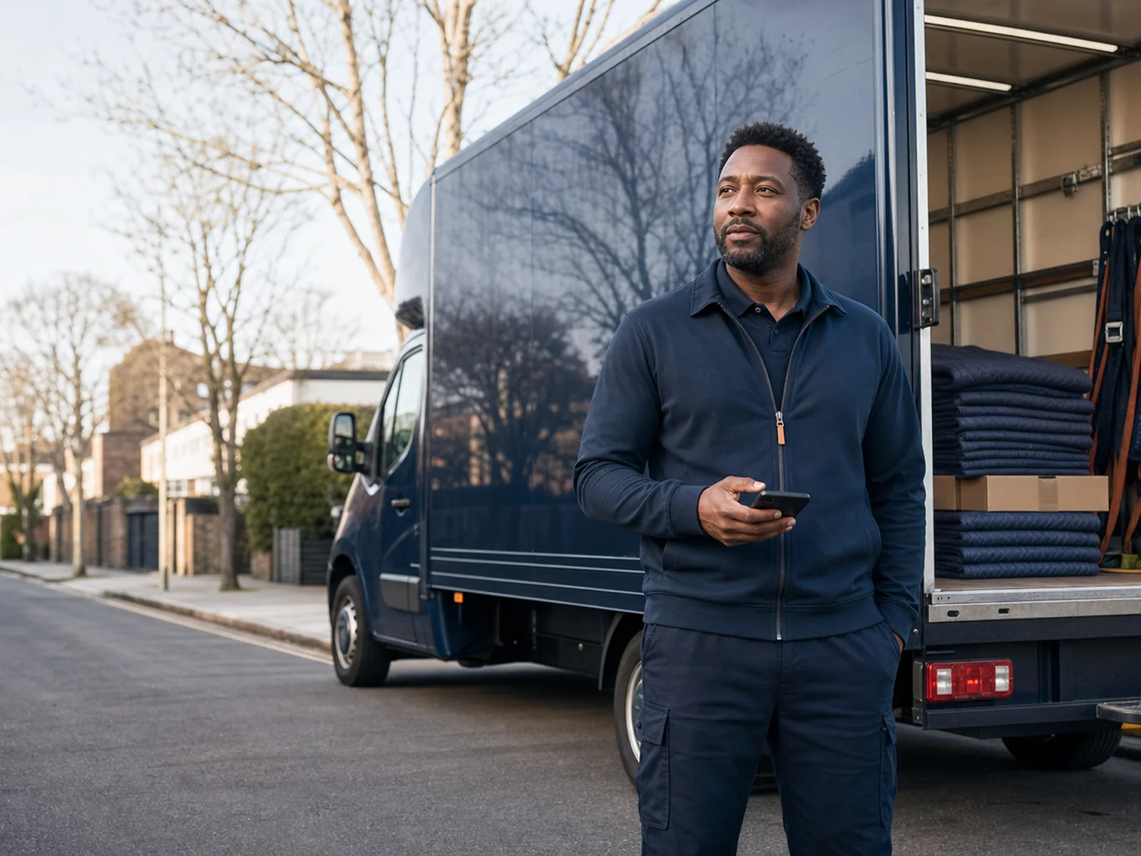 A moving operator checks his phone beside his navy Luton van, quilted blankets stacked neatly in the back, on a tree-lined London street