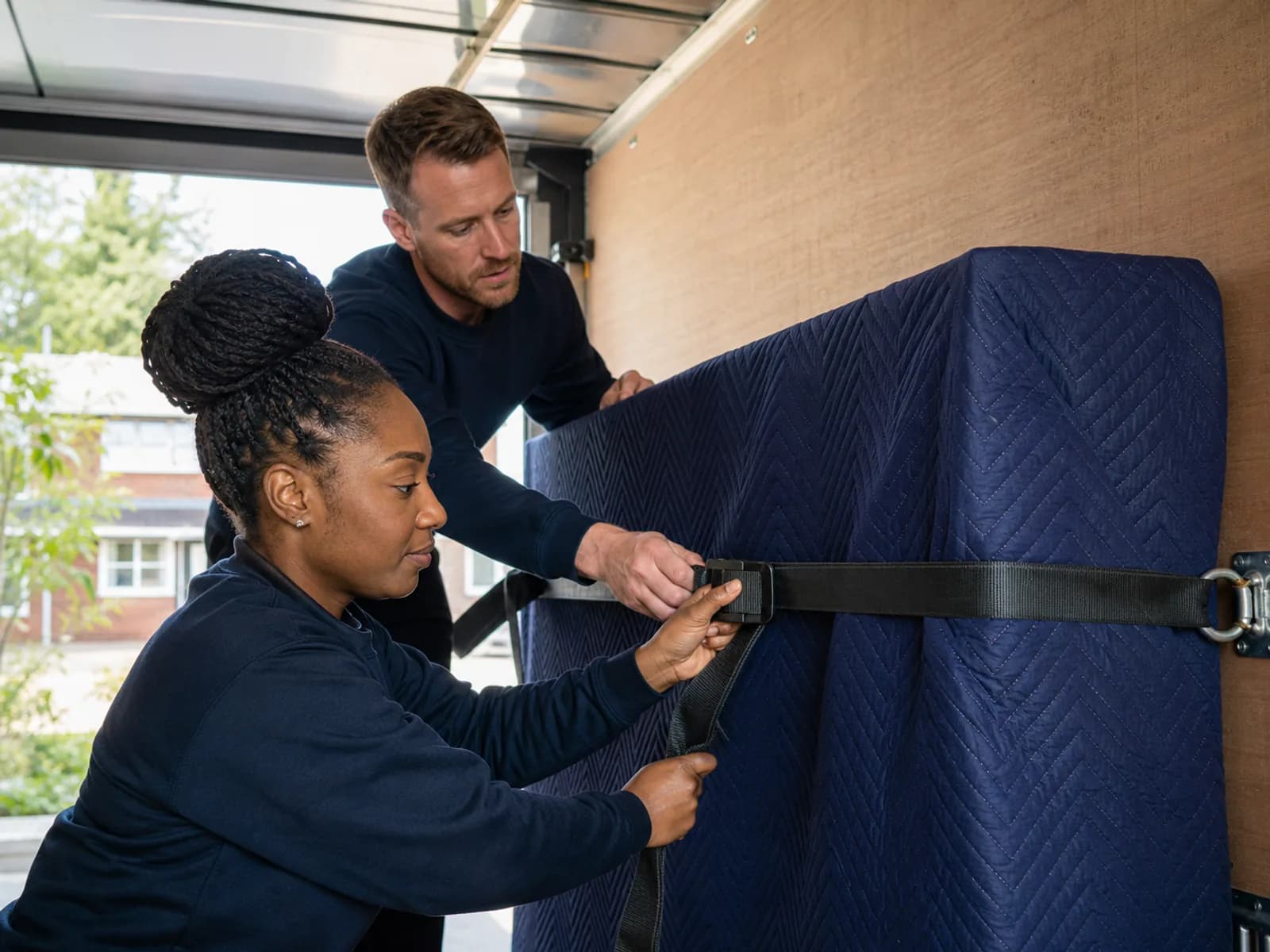 Two movers cinch a ratchet strap over a blanket-wrapped mattress secured inside a navy van