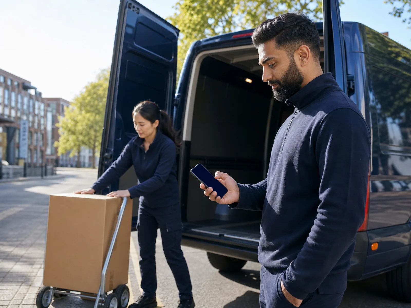 A moving operator checks a phone while a colleague wheels a box on a trolley at the open rear of a navy van on a tree-lined street