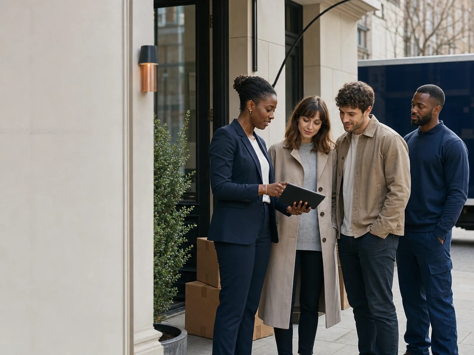 A property manager walks a couple through move-in details on a tablet outside their building while a moving operator stands by the van
