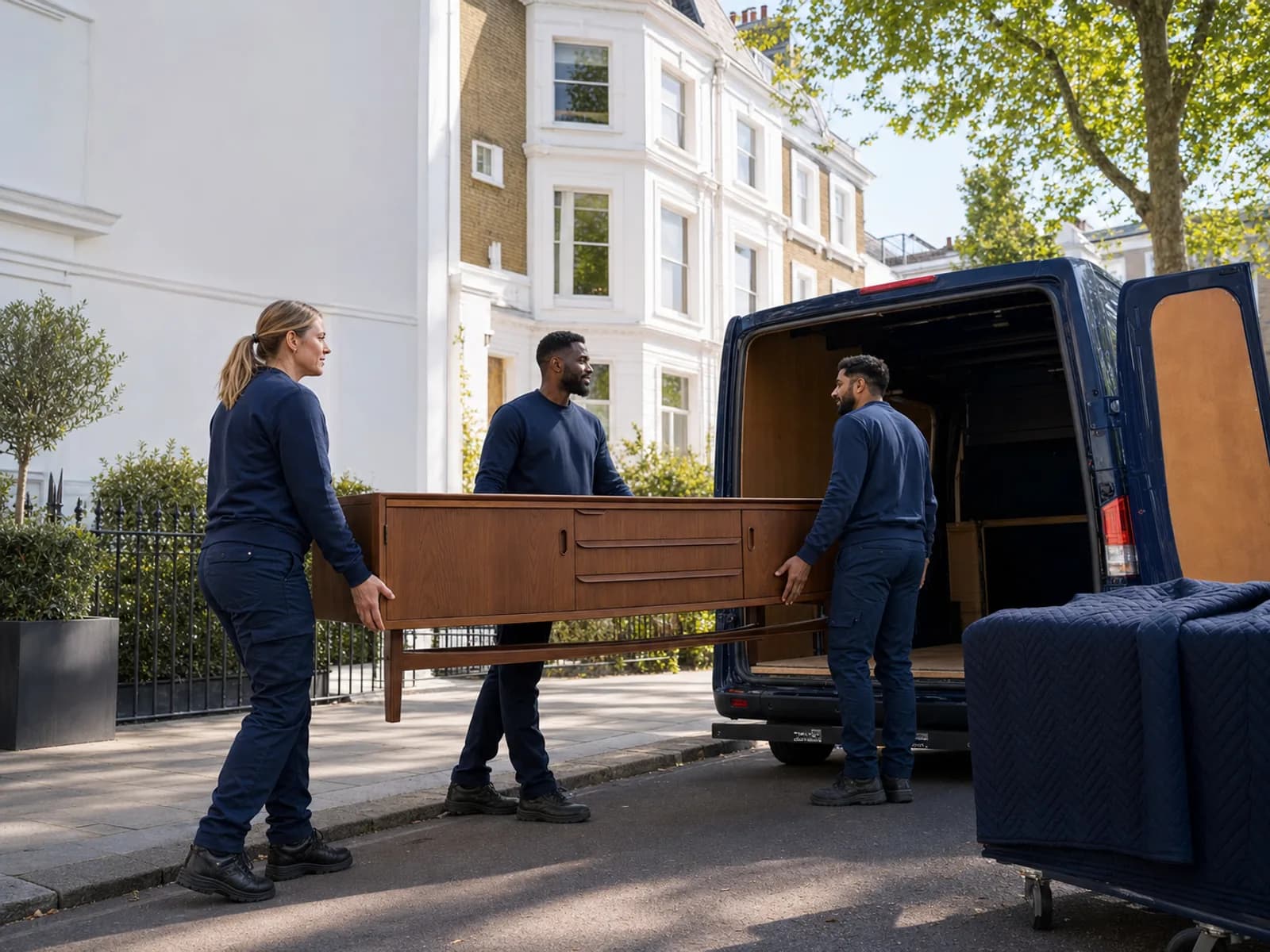 Three movers in navy carry a wooden sideboard into a navy van outside a London stucco terrace