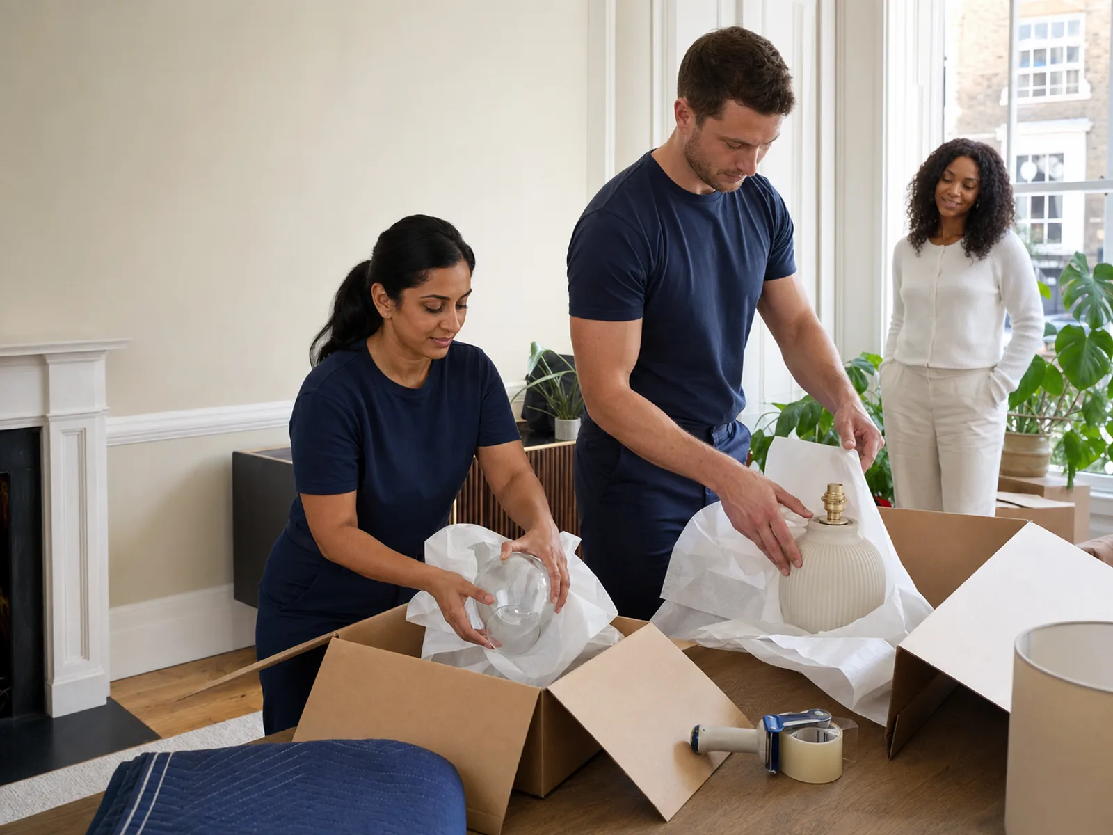 Two people in navy t-shirts wrap a vase and a lamp in tissue paper over open cardboard boxes as a woman looks on in a bright sitting room.