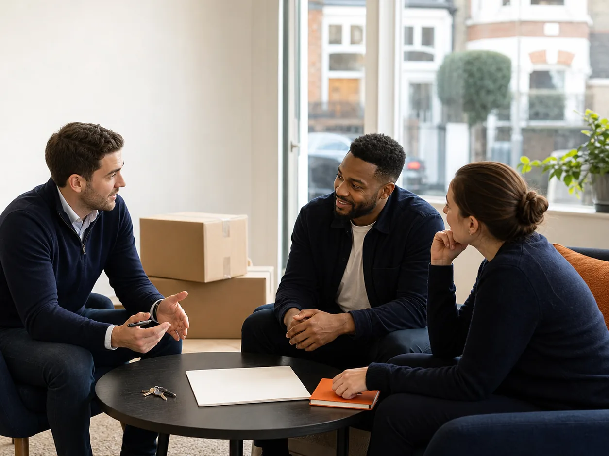 A man in a navy jumper talks with a couple in a bright front room, with a set of keys and papers on the low table and moving boxes stacked by the wall.