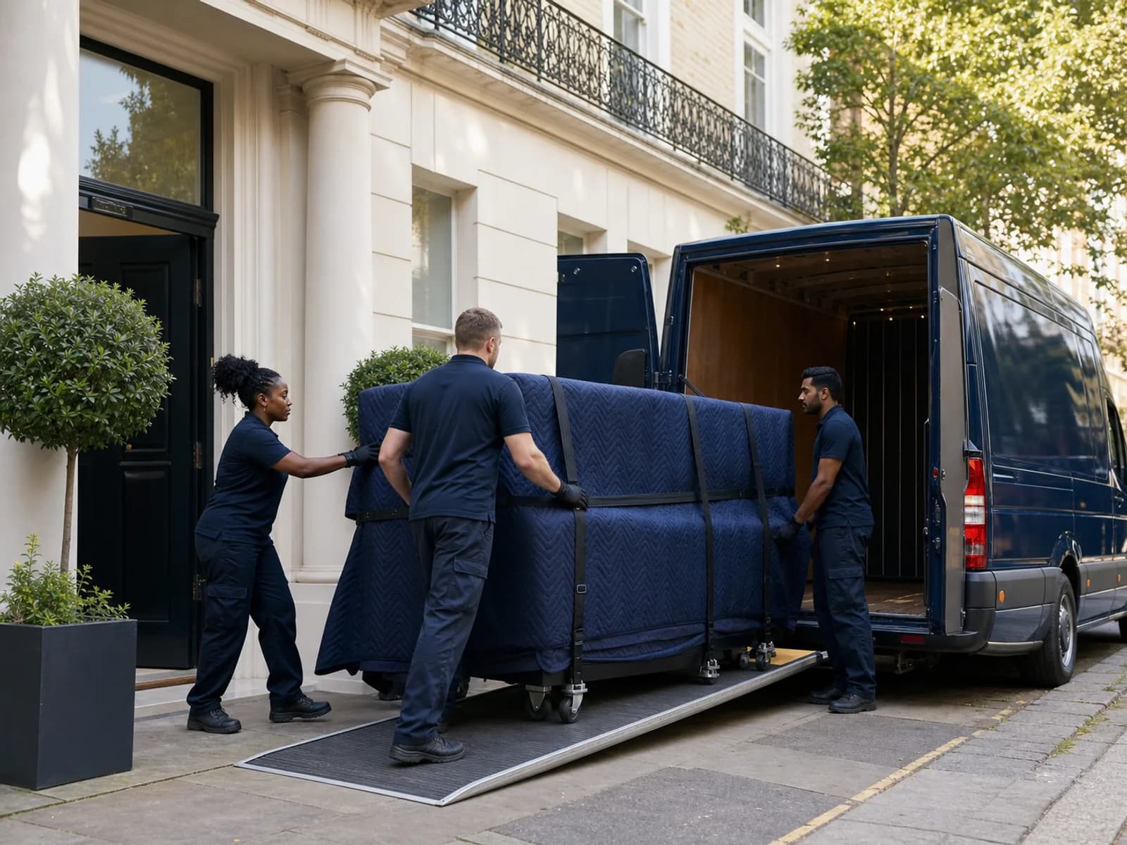 Movers wheel a blanket-wrapped upright piano on a piano trolley down the ramp of a navy Luton van outside a stucco townhouse