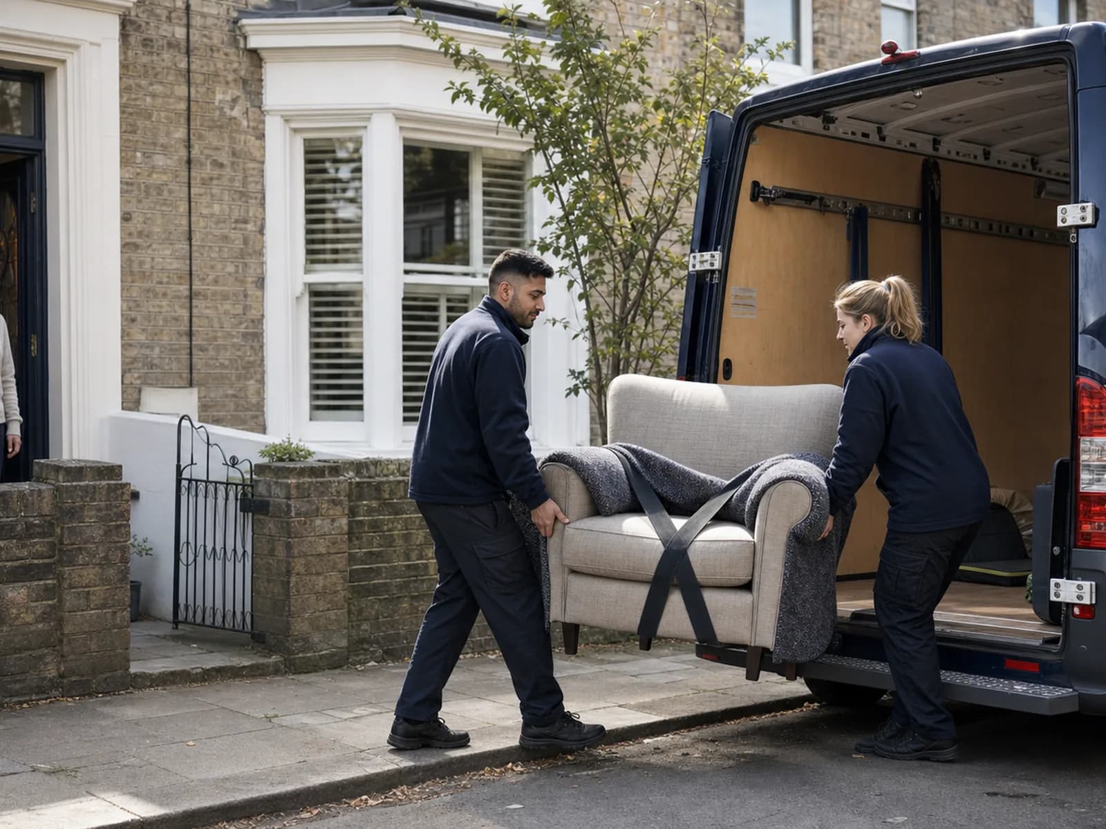 Two movers load a blanket-wrapped, strapped armchair into a navy van outside a brick terraced house as the customer watches from her door