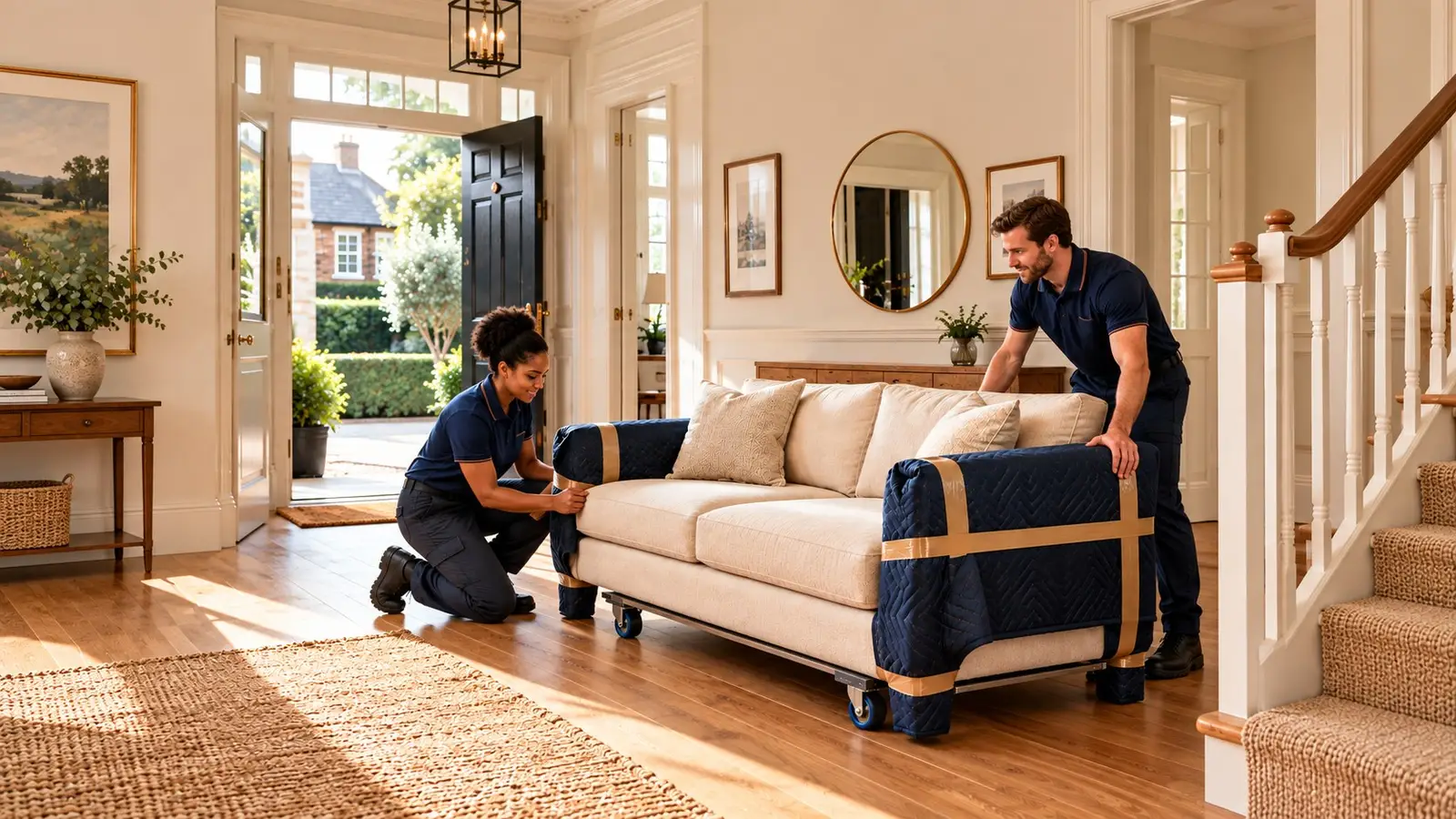 A pair of movers ease a cream sofa on a dolly through a hallway, its ends wrapped in navy blankets and taped