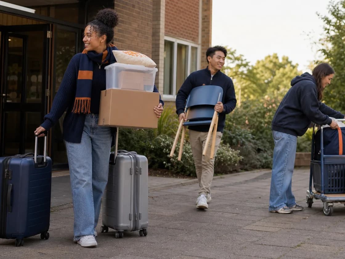 Three young people bring suitcases, a stack of boxes, a chair and a loaded trolley out of a brick building along a paved path