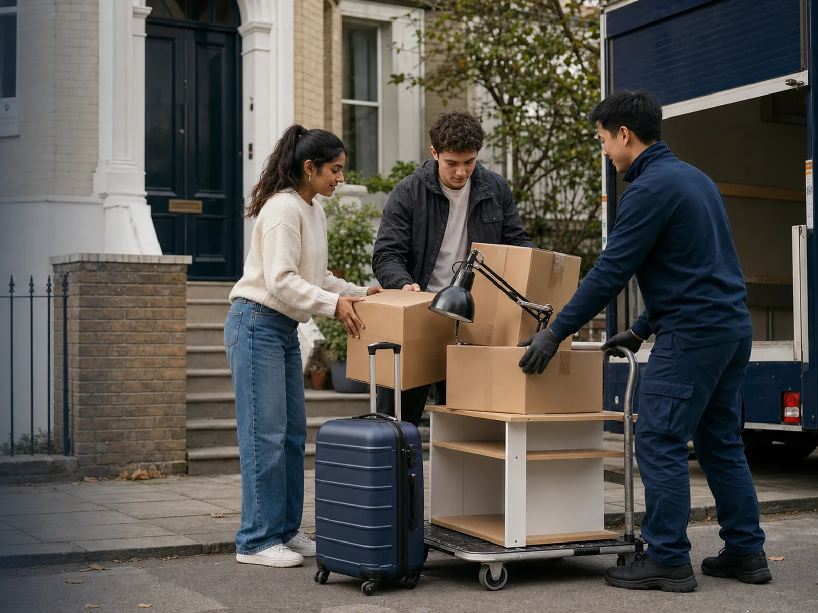 Two students pass boxes, a desk lamp and a navy suitcase to a mover loading a platform trolley outside a London town house