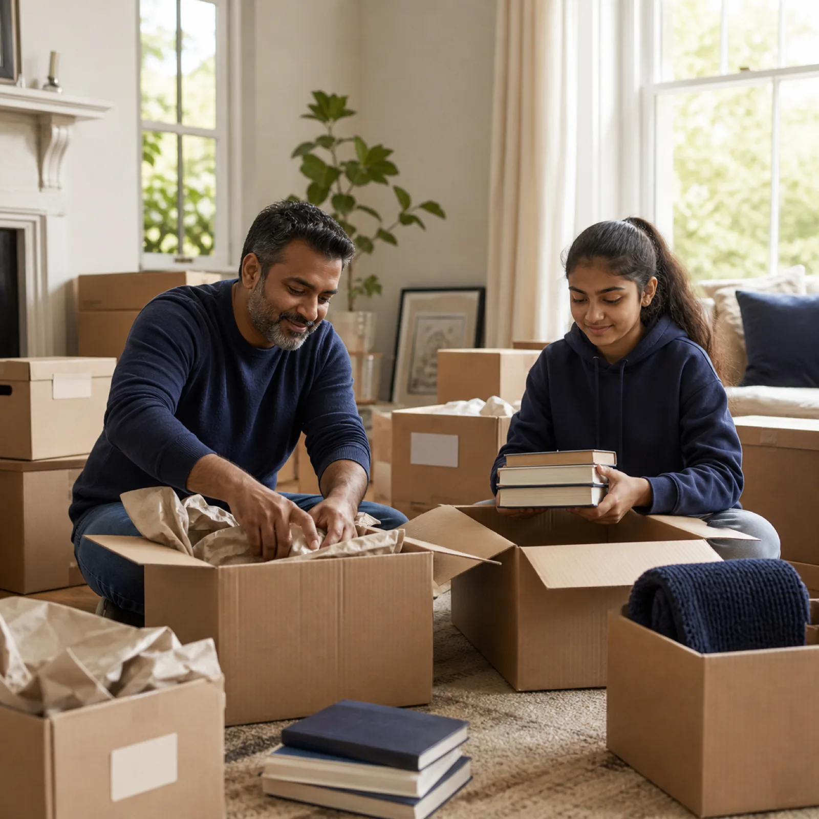 Parent and teenager packing books and soft items into plain kraft boxes in a bright living room
