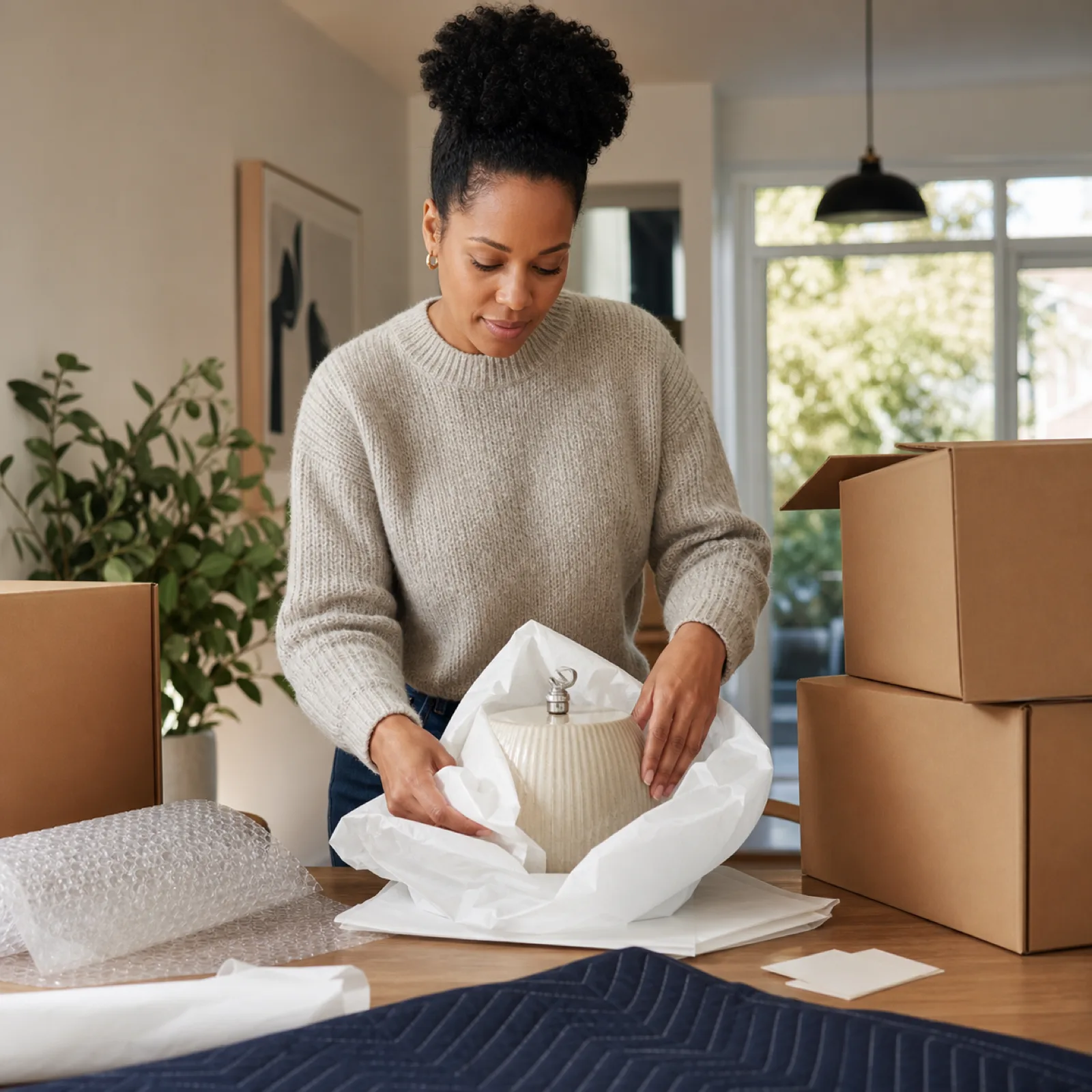 Person carefully wrapping a ceramic lamp in protective paper beside plain moving boxes