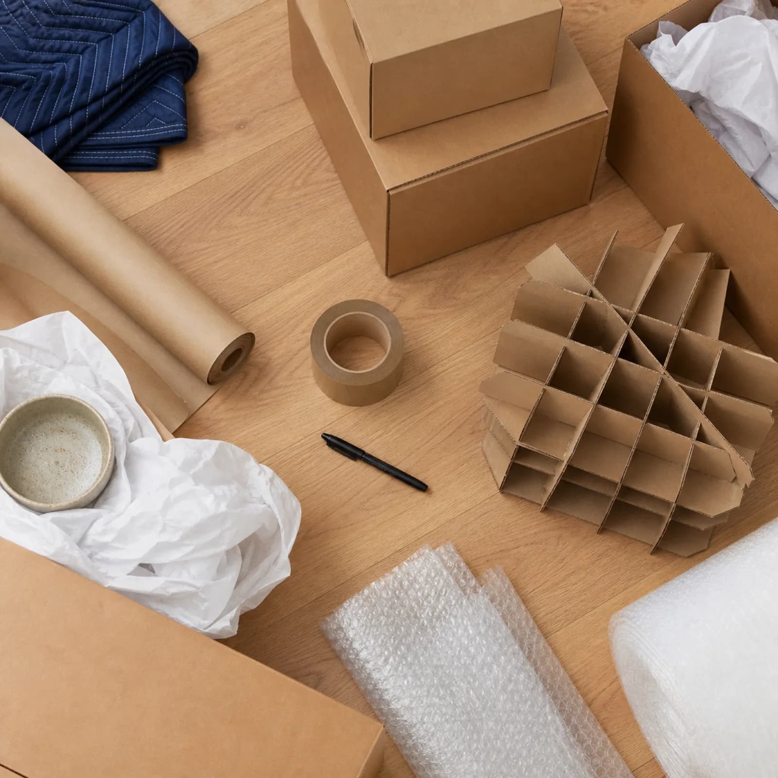 Plain kraft boxes, packing tape, protective paper and bubble wrap arranged on a light wood floor