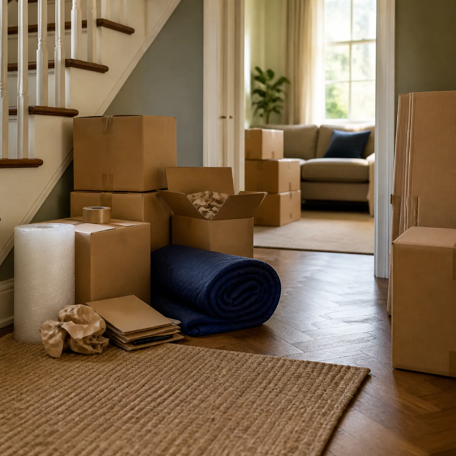 Orderly home with sealed plain kraft boxes and packing supplies ready for a move