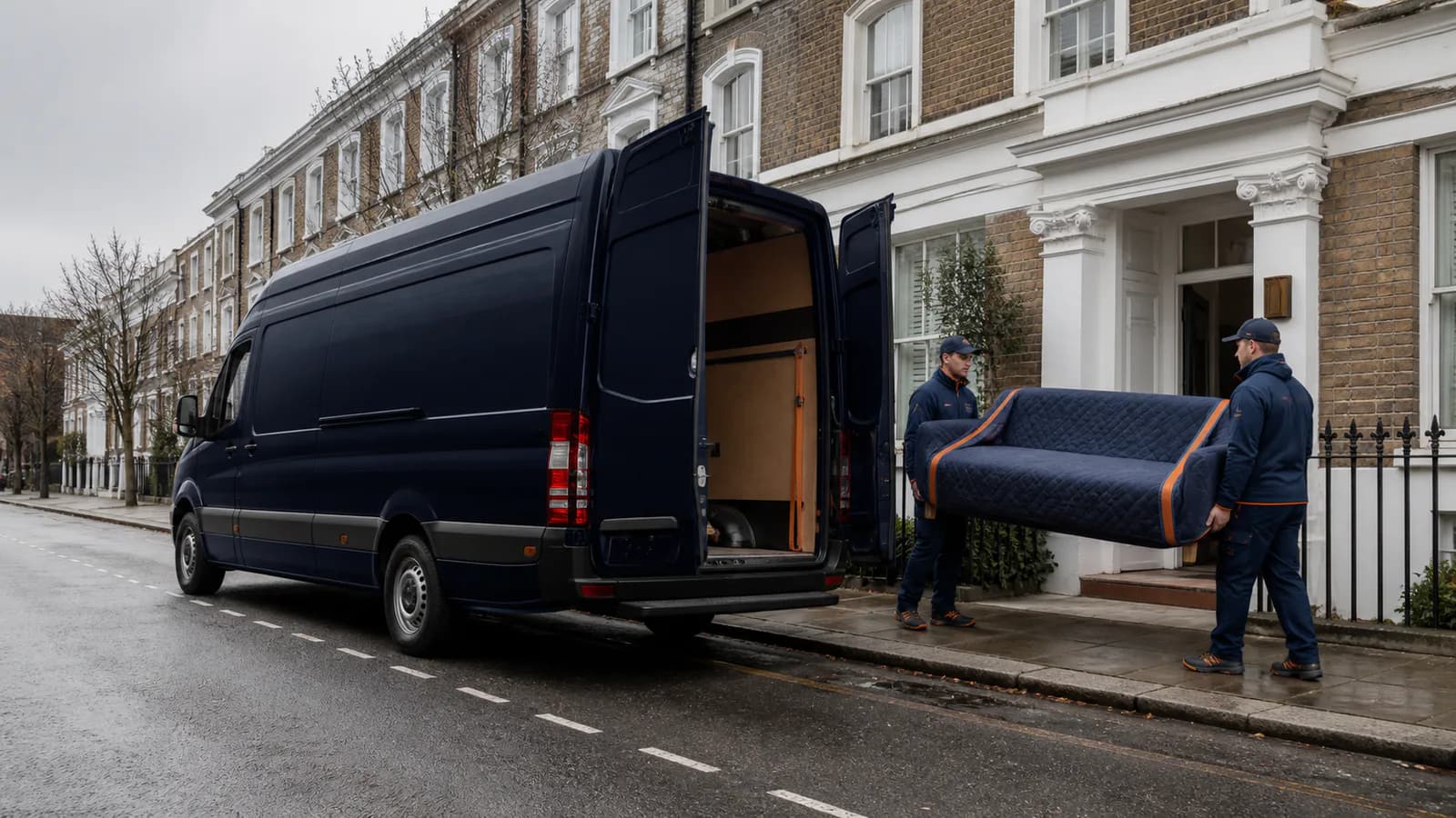 Two furniture movers carrying a protected sofa from a London home to a removal van