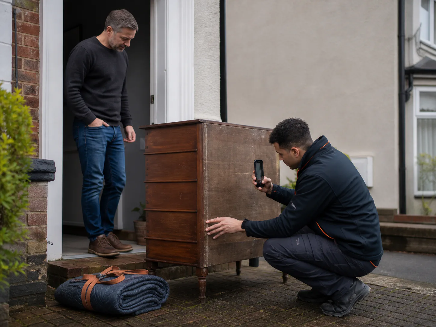 A furniture mover photographing a chest of drawers at a private seller handover before collection