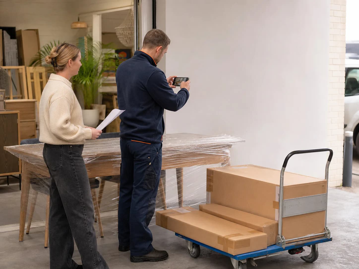 A furniture mover recording the condition of a wrapped retailer collection while the customer holds the collection paperwork