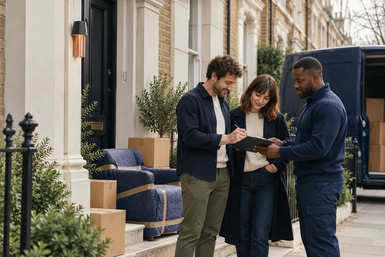 A man and a woman in dark coats look over a clipboard with a mover in navy workwear on the pavement outside a terraced house, with a quilt-wrapped armchair and cardboard boxes on the steps and an open navy van behind.
