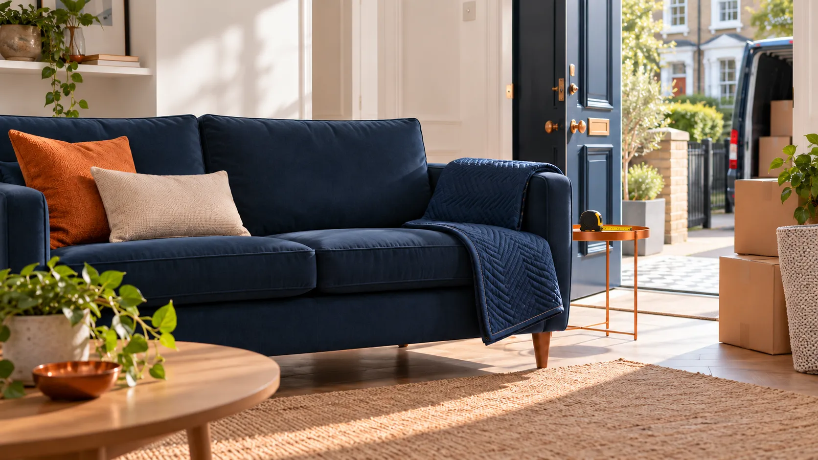 A navy sofa with an orange and a beige cushion and a quilted throw over one arm, beside an open front door with cardboard boxes stacked on the floor and a navy van parked outside.