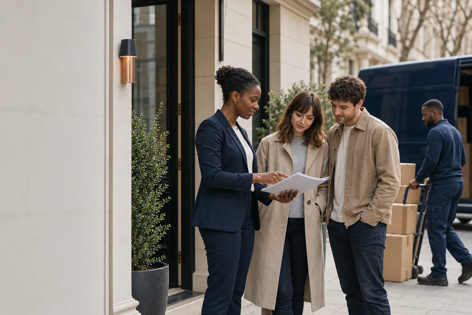 A woman holding papers talks with a couple outside a white building, while a mover wheels boxes on a trolley from an open navy van behind them.