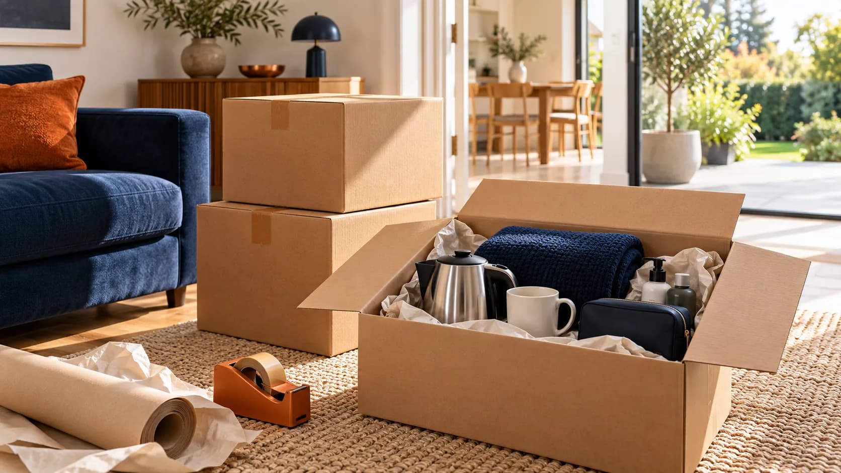 Open cardboard boxes packed with a kettle, mugs and a folded navy blanket sit on a living-room rug, with a roll of packing paper and tape beside them.