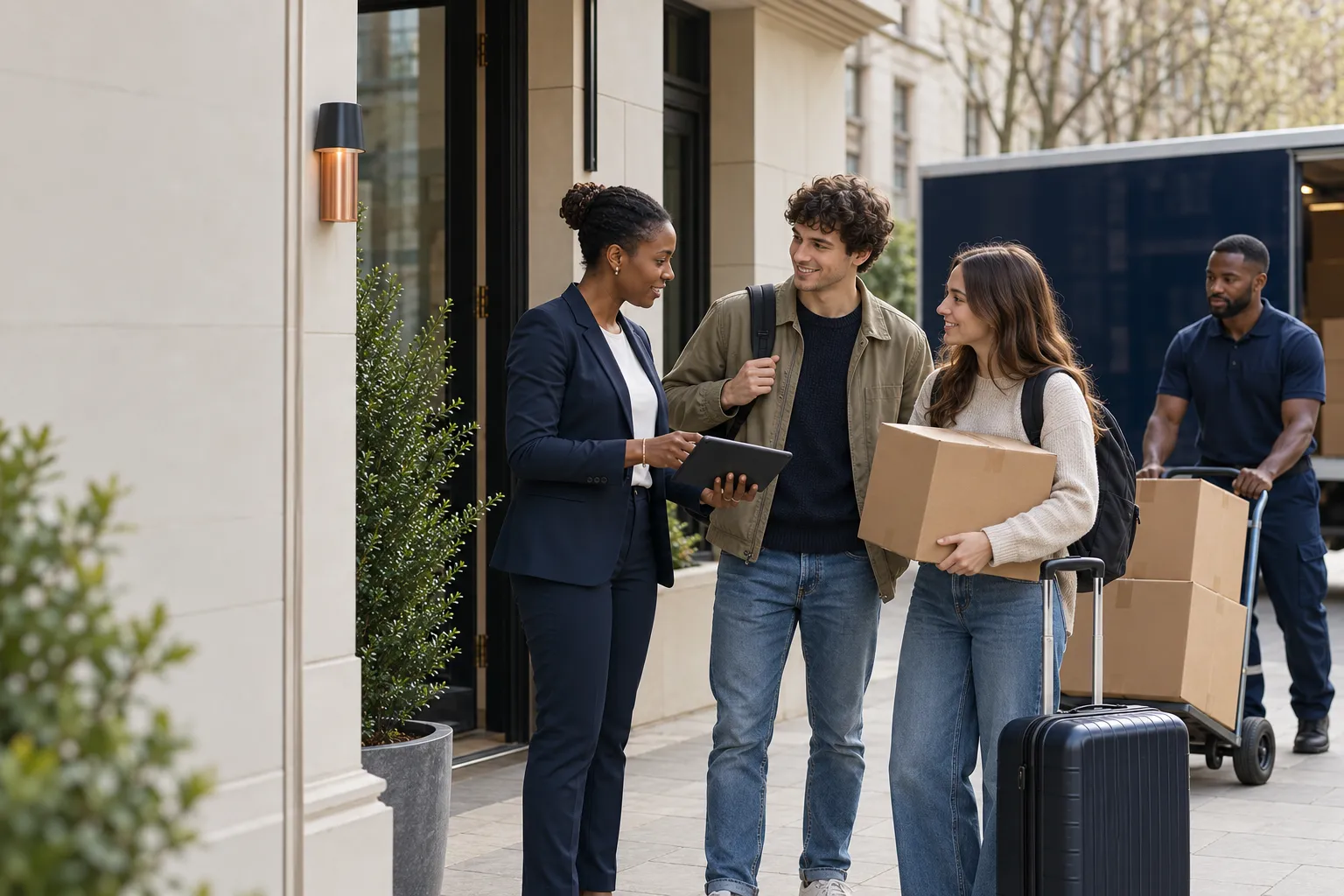 A young man and woman with a cardboard box and a wheeled suitcase talk to a woman holding a tablet outside a stone-fronted building, while a mover in navy wheels two boxes on a hand truck beside a navy lorry.